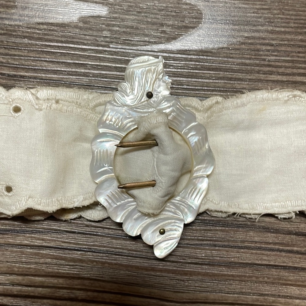 Beautiful Victorian Era Antique MOP Cameo Belt Buckle w/ its Original Lace Belt
